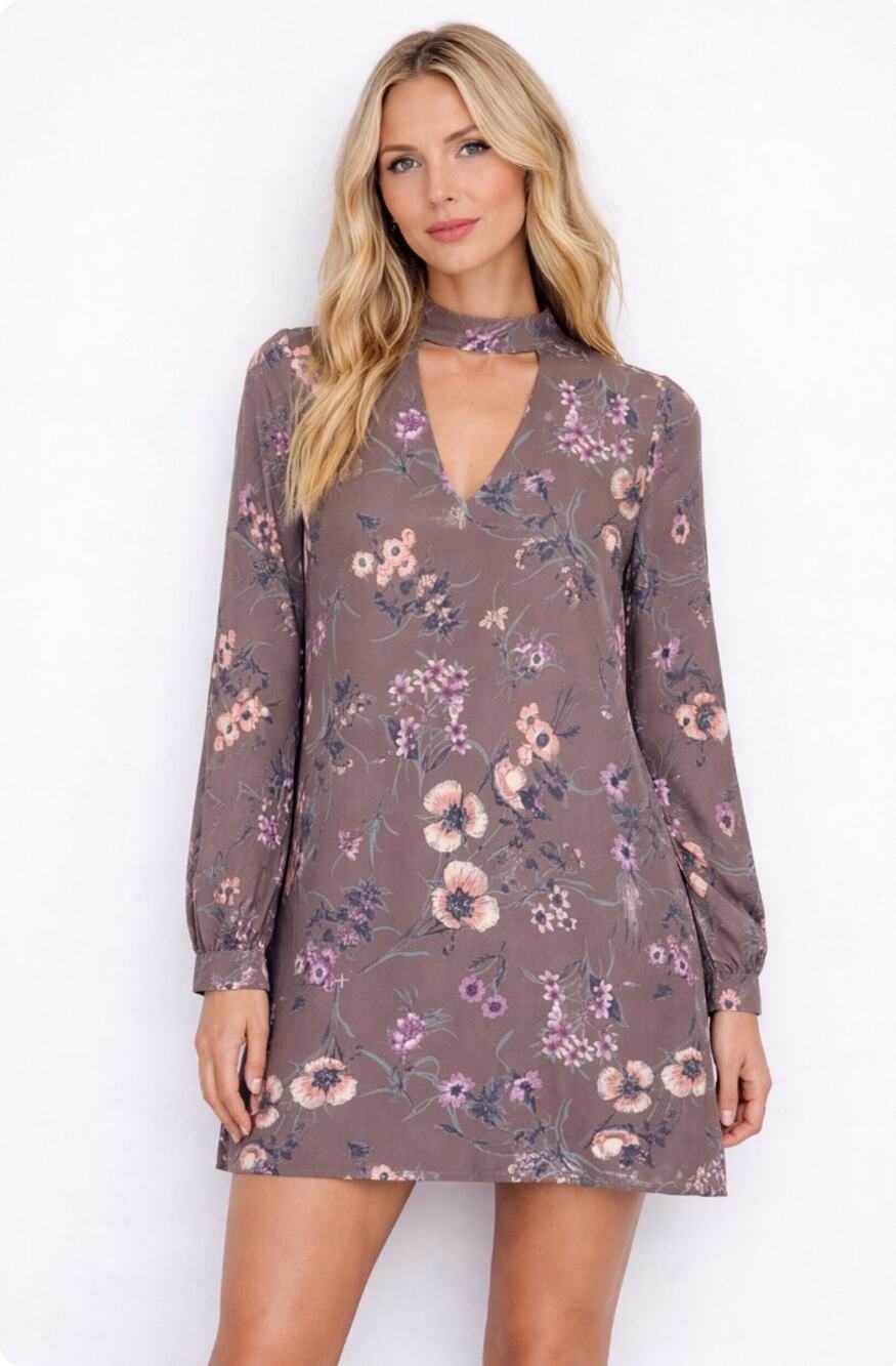 Altar’d State Floral Choker Neck Long Sleeve Shift Dress Taupe Small